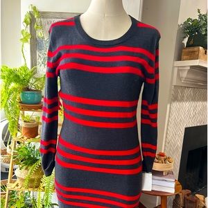French Connection sweater mini dress 3/4 sleeves gray/red striped